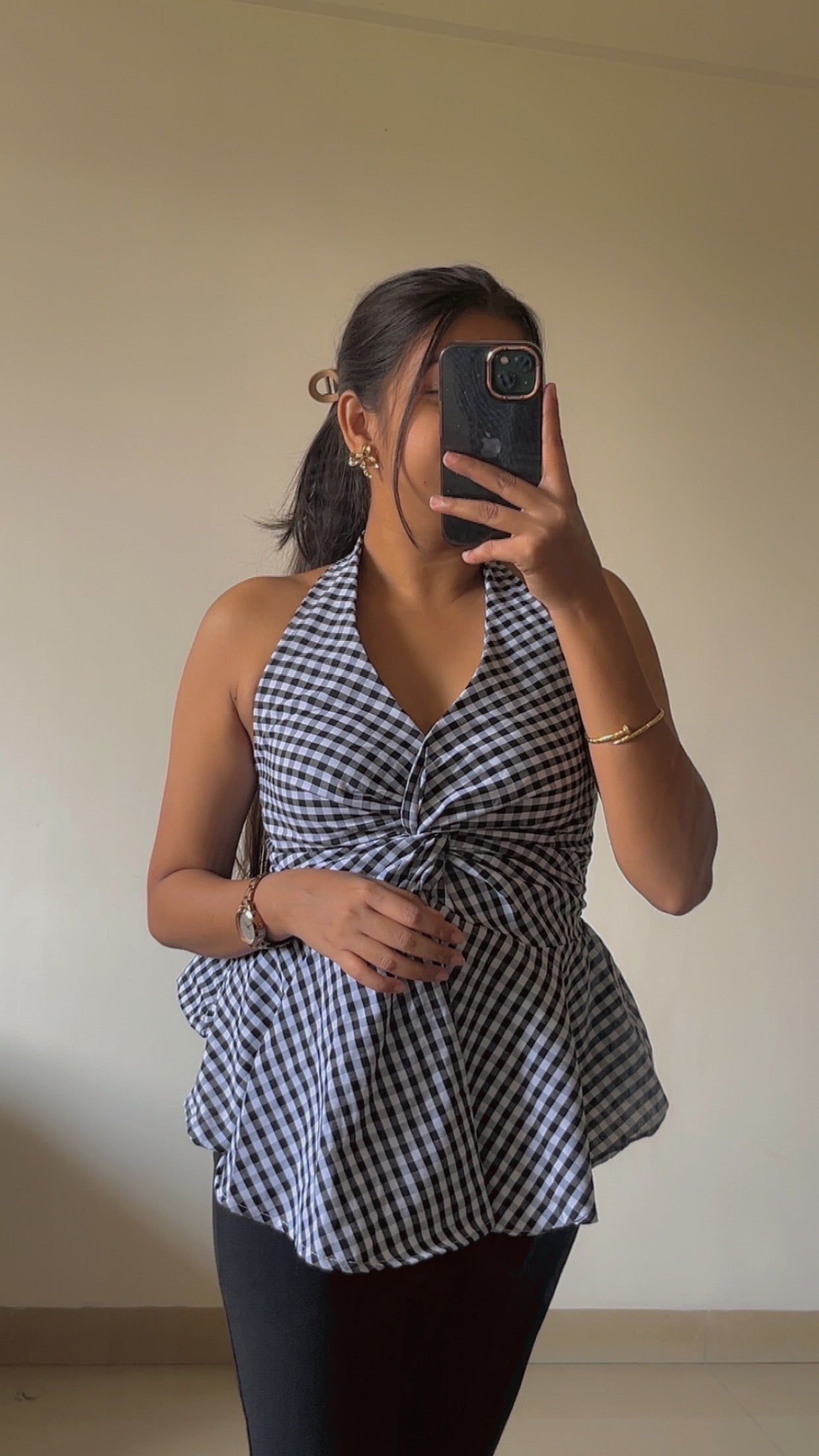 Checkered haulter neck top