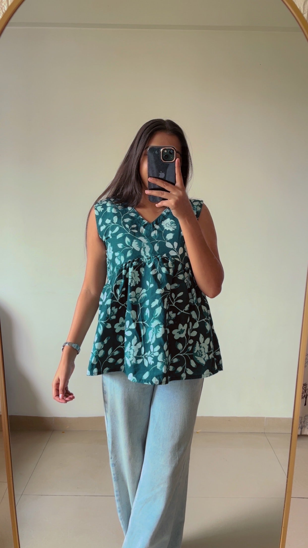Teal blue printed short kurti