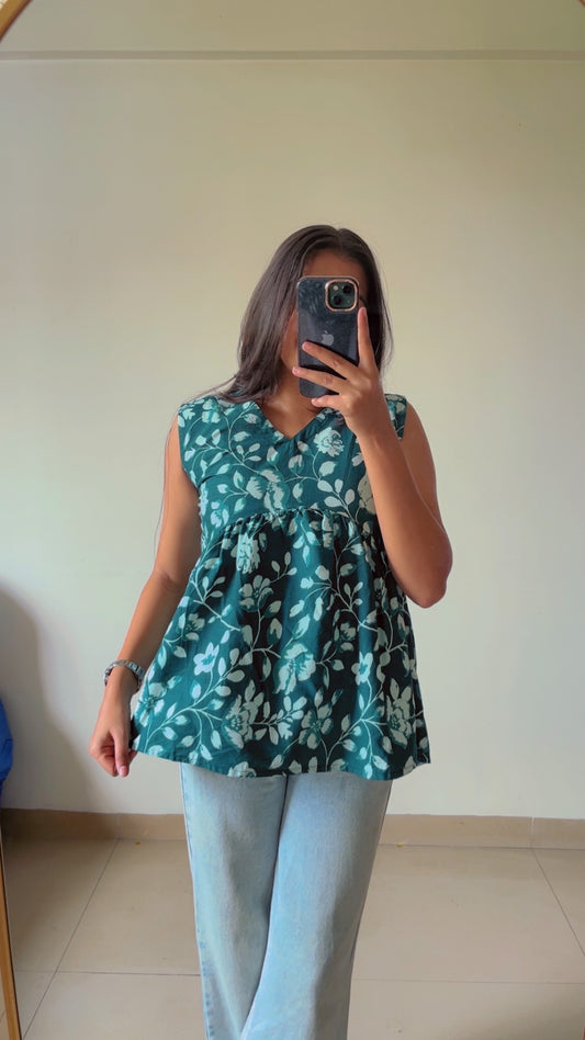 Teal blue printed short kurti