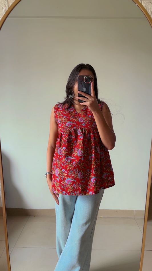Red printed short kurti