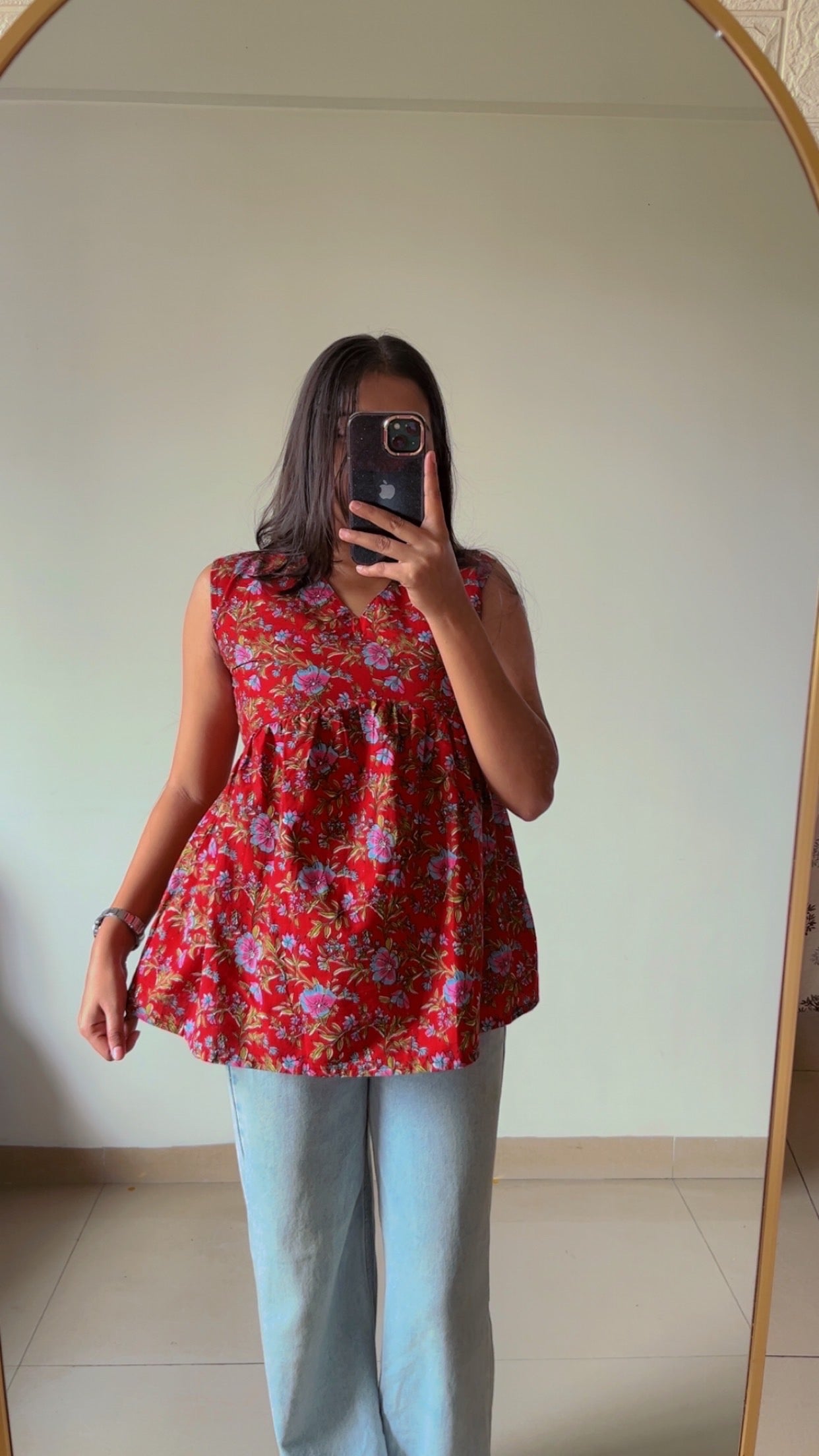 Red printed short kurti