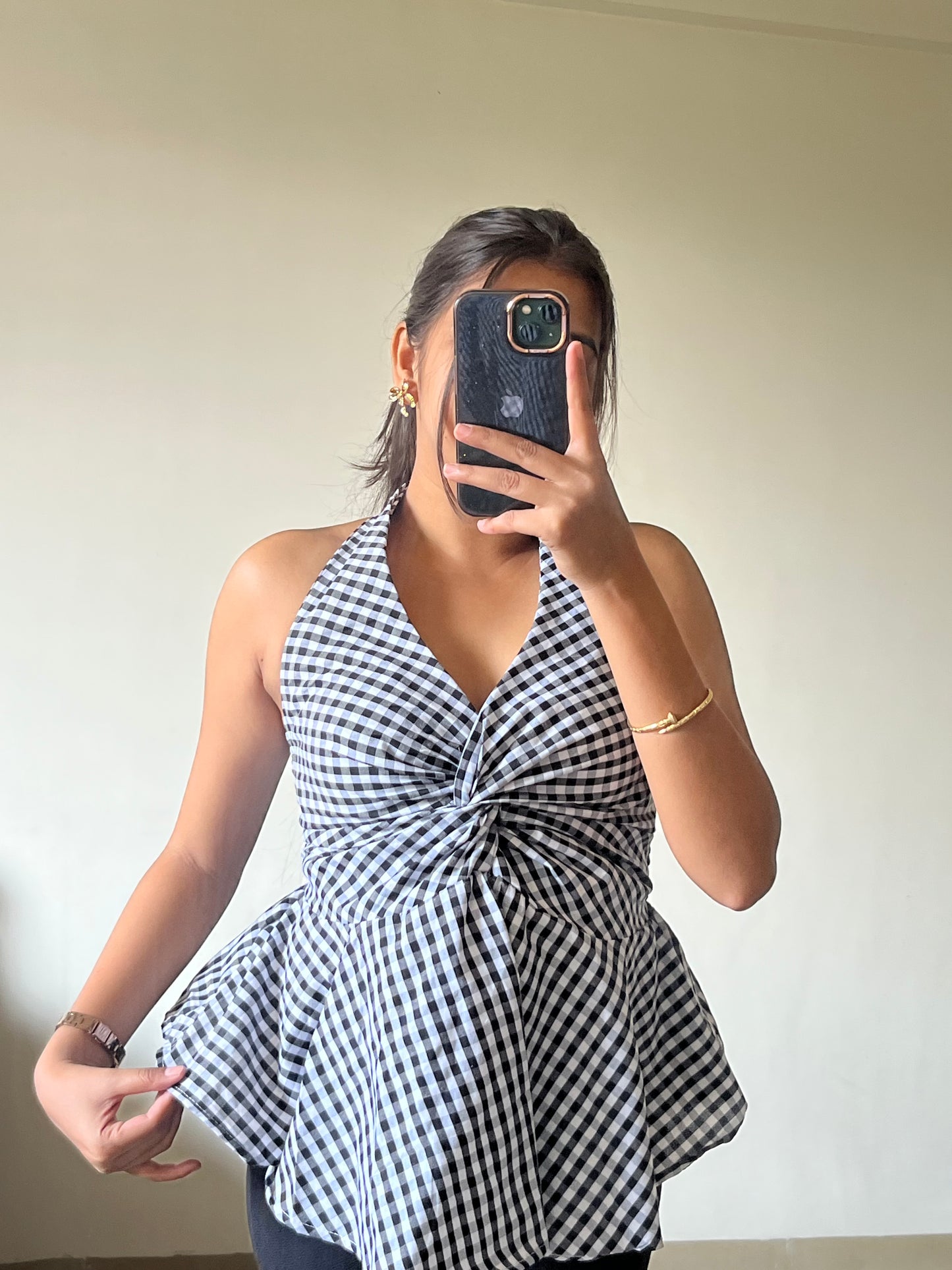 Checkered haulter neck top