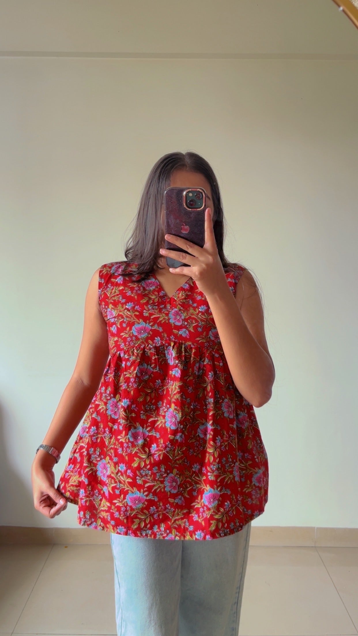 Red printed short kurti
